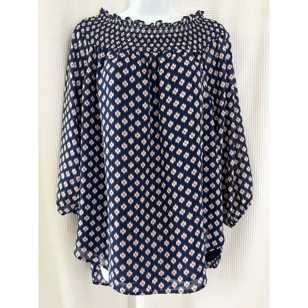 Michael Kors Navy Ikat Diamond Smocked Neck Blouse Top Large Boho